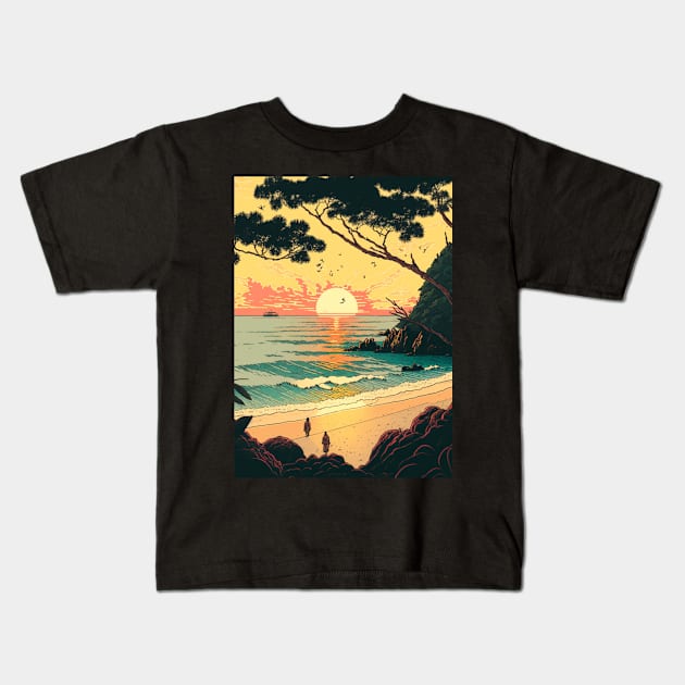 A pair setting sun on the beach ukiyo e Kids T-Shirt by SJG-digital